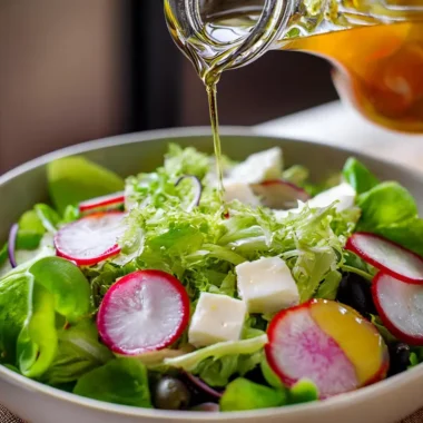 Golden white balsamic vinaigrette being drizzled over a fresh green salad, showing its silky texture and honey-like color