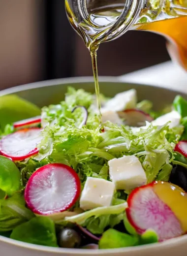 Golden white balsamic vinaigrette being drizzled over a fresh green salad, showing its silky texture and honey-like color