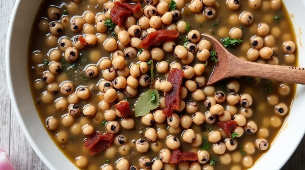 purple hull peas garnished with fresh herbs