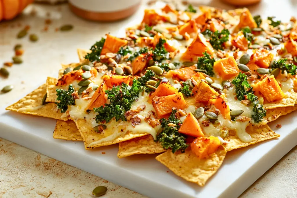 Seasonal vegetarian nachos featuring roasted sweet potato, crispy kale, spiced pumpkin seeds, and maple-chipotle sauce on triangle tortilla chips