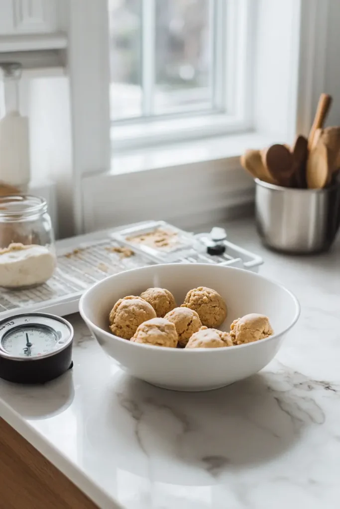 Kitchen counter with essential baking tools and ingredients, including a digital kitchen scale, mixing bowl with cookie dough, and a tray with cookie dough balls ready to bake