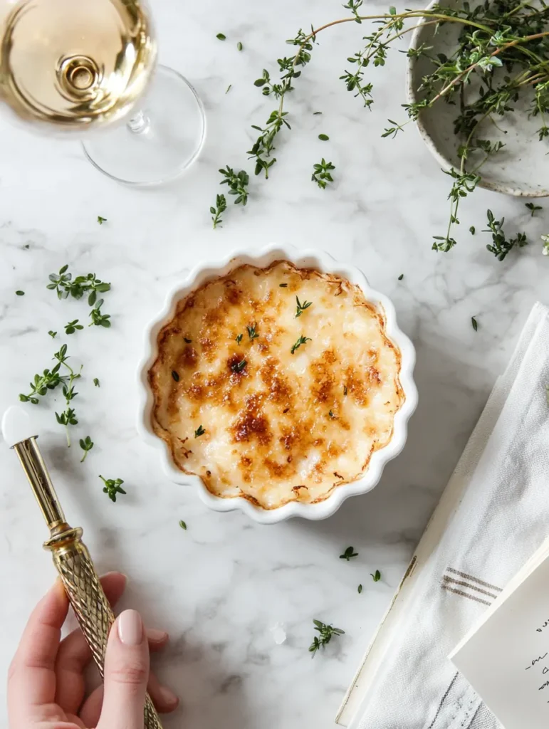 Lifestyle shot showing crab brulee with recipe notes, kitchen torch, and personal touches on marble surface, capturing the moment of creation