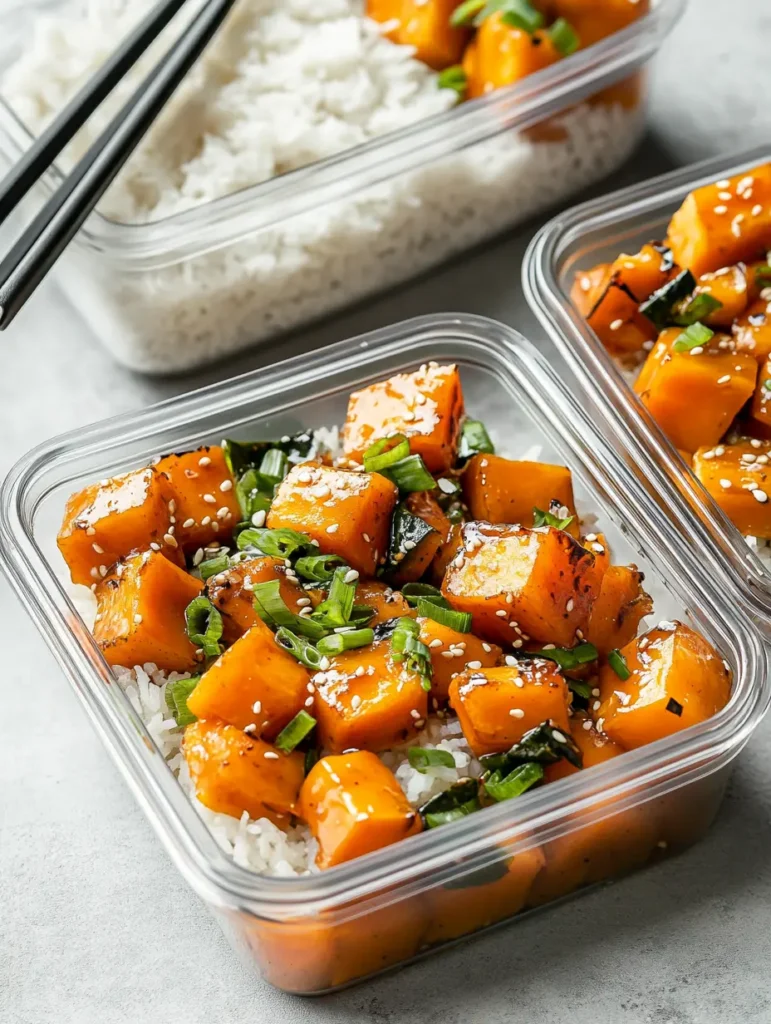 Three meal prep containers showing fresh and stored Chinese kabocha squash preparations with rice bowl variation