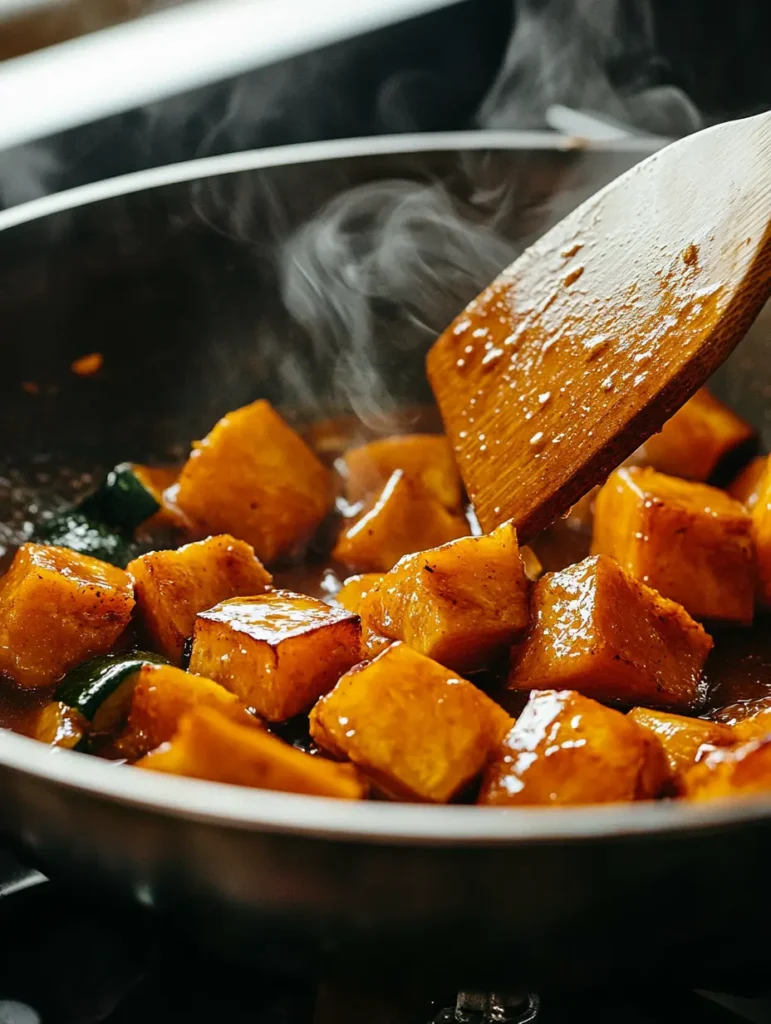 Kabocha squash pieces being stir-fried in wok with steam rising and sauce beginning to glaze