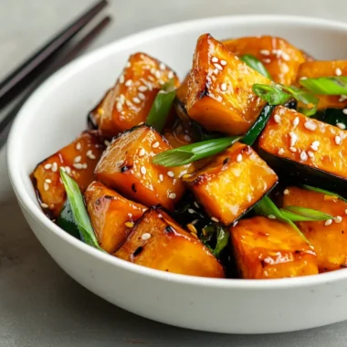 Chinese-style kabocha squash chunks glazed in savory brown sauce, garnished with sesame seeds and green onions in a white ceramic bowl