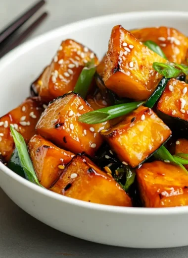 Chinese-style kabocha squash chunks glazed in savory brown sauce, garnished with sesame seeds and green onions in a white ceramic bowl