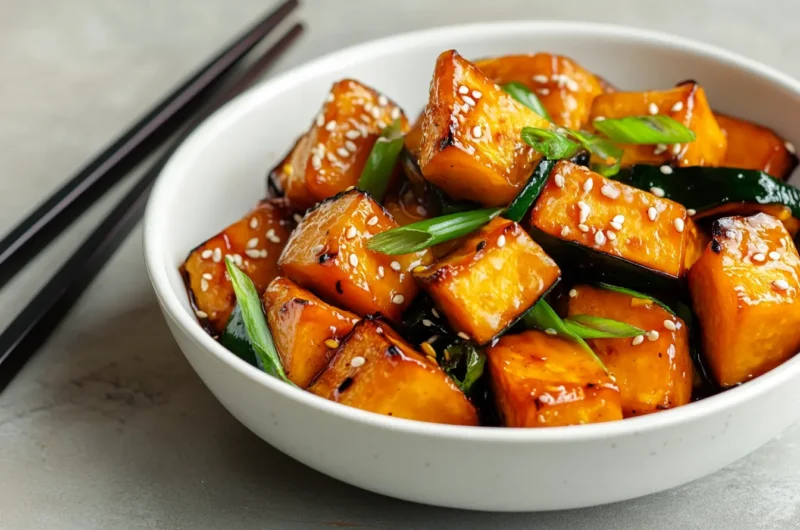 Chinese-style kabocha squash chunks glazed in savory brown sauce, garnished with sesame seeds and green onions in a white ceramic bowl