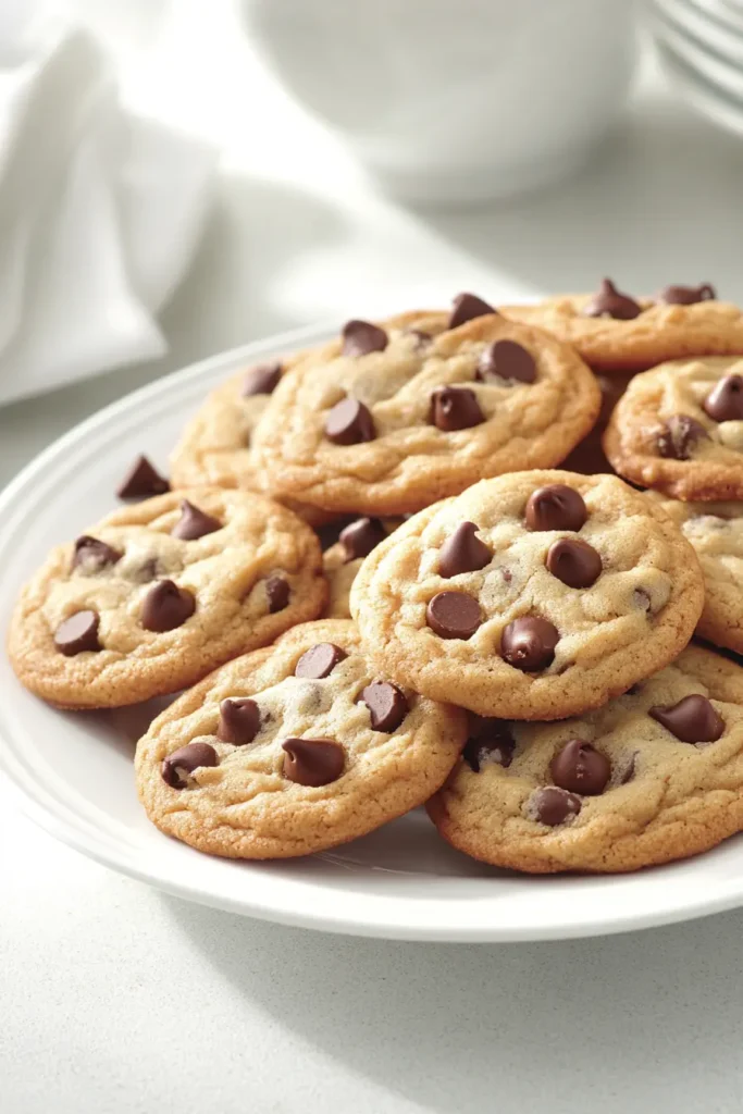 Close-up shot of golden-brown chocolate chip cookies with perfectly melted chocolate chips, highlighting their soft and chewy texture