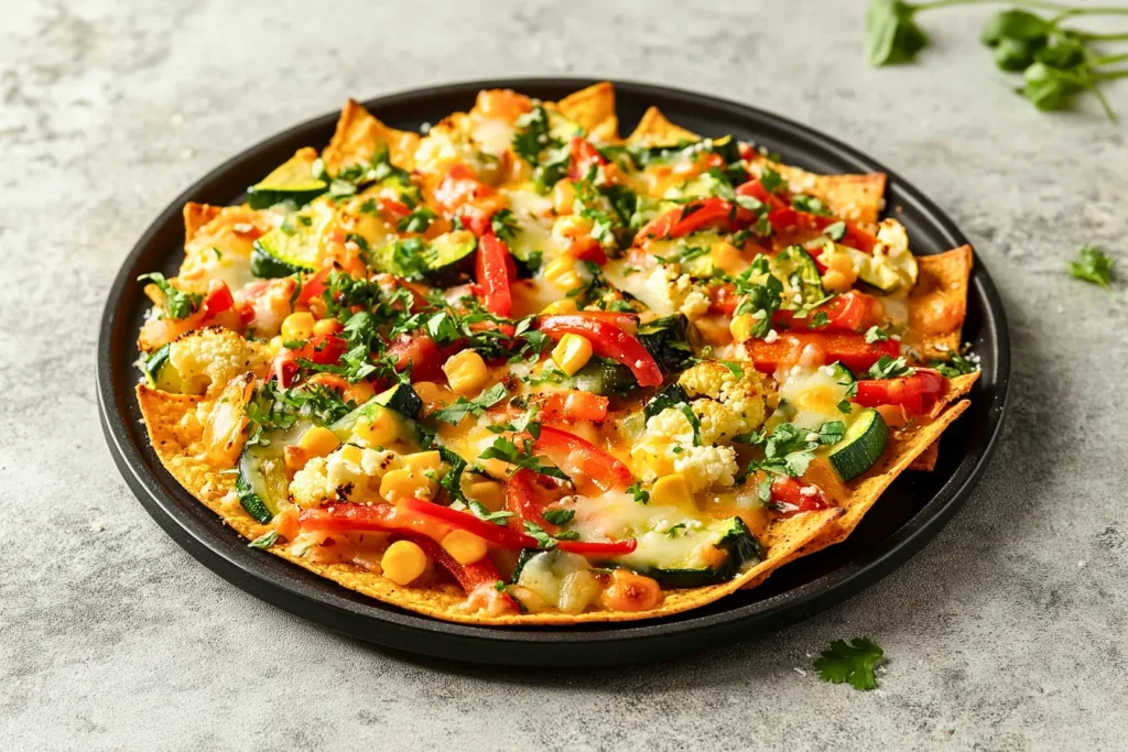 Healthy vegetarian nachos loaded with colorful bell peppers, grilled zucchini, roasted cauliflower, corn, and microgreens on crispy tortilla chips