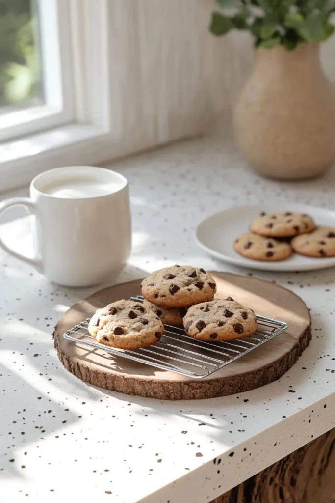 Cozy kitchen scene with chocolate chip cookies cooling on a wire rack, with a cup of milk and a few cookies on a plate in the background