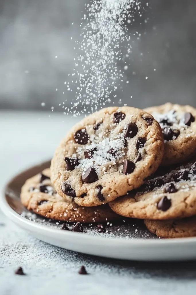 Whimsical shot of chocolate chip cookies sprinkled with flaky sea salt, arranged on a plate with a touch of fairy dust effect.