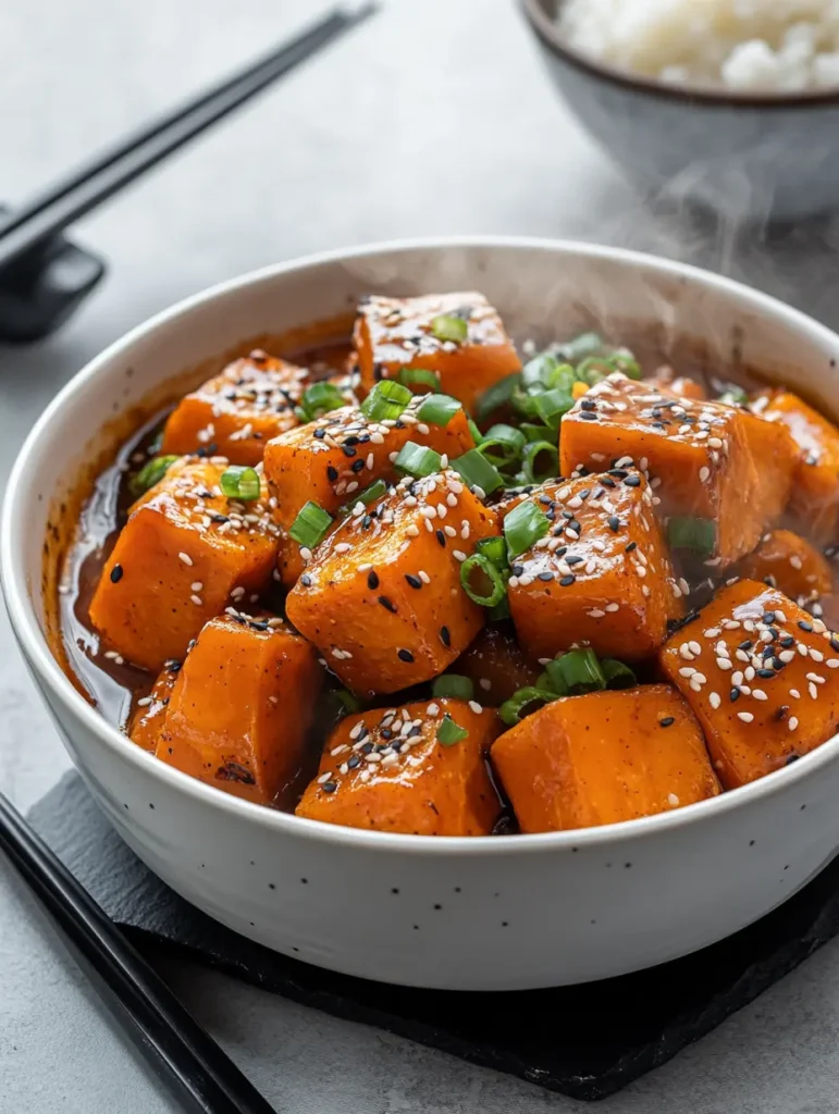 Inviting dinner scene featuring Chinese kabocha squash in serving bowl with rice and chopsticks, steam rising