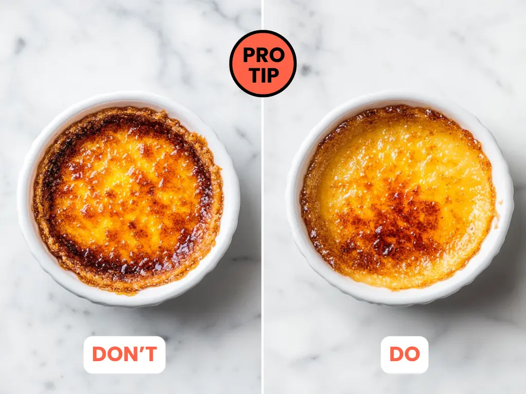 Side-by-side comparison of crab brulees - left showing over-caramelized dark brown surface, right showing ideal golden caramelization on fluted white ramekins