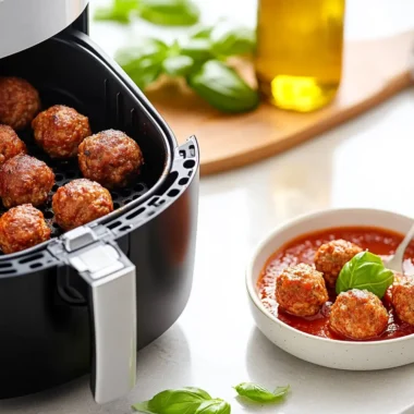 A bright modern kitchen with morning sunlight, showcasing a sleek air fryer with its basket slightly open, revealing perfectly cooked golden-brown meatballs. A bowl of rich marinara sauce and fresh basil are placed beside the air fryer, creating an inviting and appetizing scene.