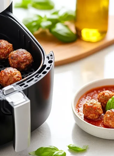 A bright modern kitchen with morning sunlight, showcasing a sleek air fryer with its basket slightly open, revealing perfectly cooked golden-brown meatballs. A bowl of rich marinara sauce and fresh basil are placed beside the air fryer, creating an inviting and appetizing scene.