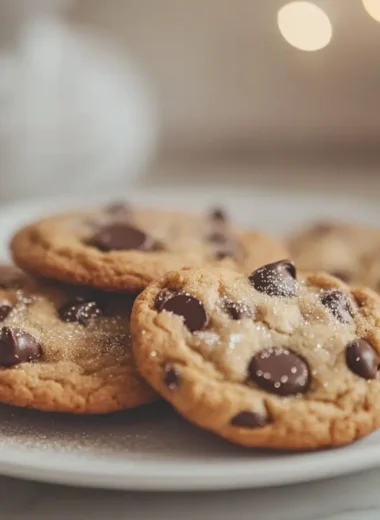 A plate of perfectly baked chocolate chip cookies arranged beautifully with a Disney-themed background, such as a whimsical kitchen setting with subtle hints of Disney magic