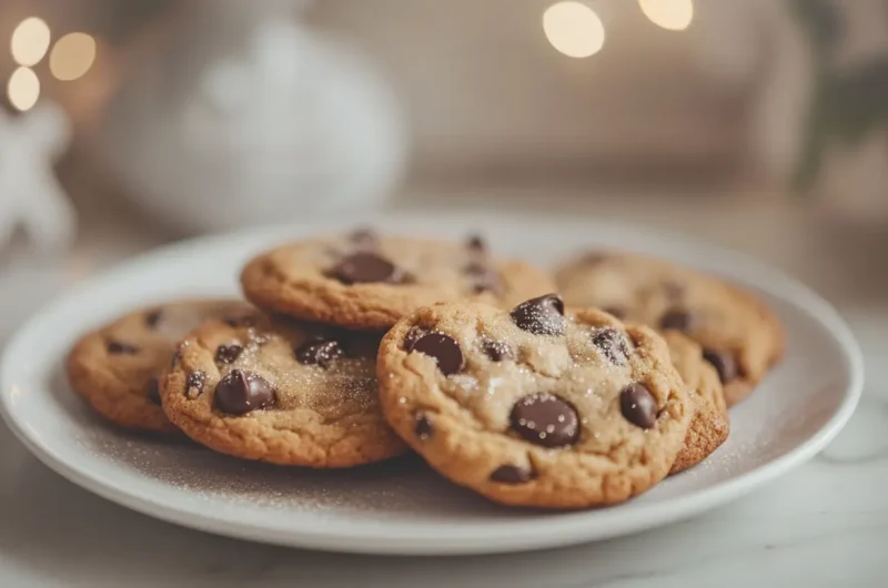 A plate of perfectly baked chocolate chip cookies arranged beautifully with a Disney-themed background, such as a whimsical kitchen setting with subtle hints of Disney magic