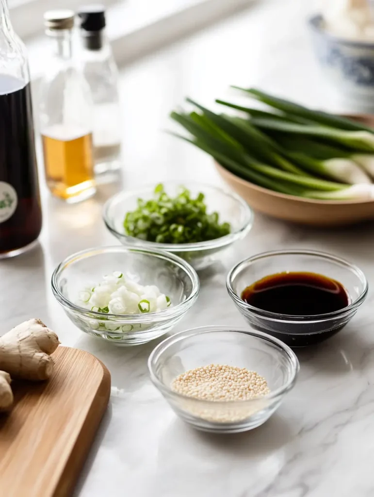 Organized array of Chinese cooking ingredients including soy sauces, fresh ginger, garlic, and seasonings in glass bowls on marble surface