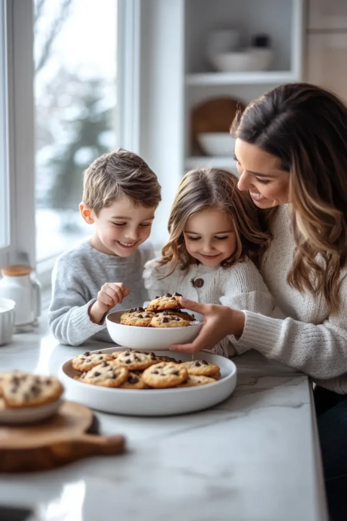 Joyful scene of a family enjoying freshly baked chocolate chip cookies together in a warm and inviting kitchen atmosphere.