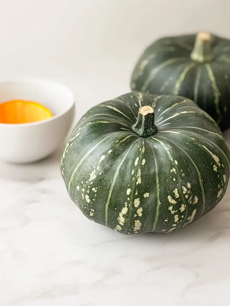 Three whole kabocha squashes showing ideal selection characteristics: dark green skin with golden patches and firm dry stems