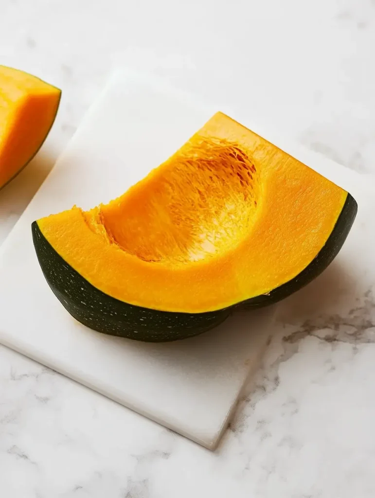 Close-up of single kabocha squash piece showing bright orange flesh texture and dark green skin detail