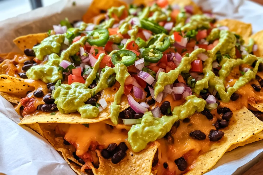 Homemade vegetarian nachos topped with melted cheese, black beans, fresh vegetables, and drizzled with creamy guacamole sauce on a marble surface