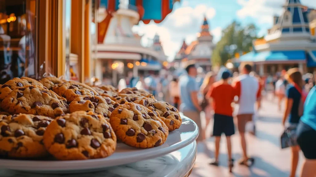 Bustling scene of Main Street USA with a street vendor cart displaying freshly baked chocolate chip cookies in a Disney Park