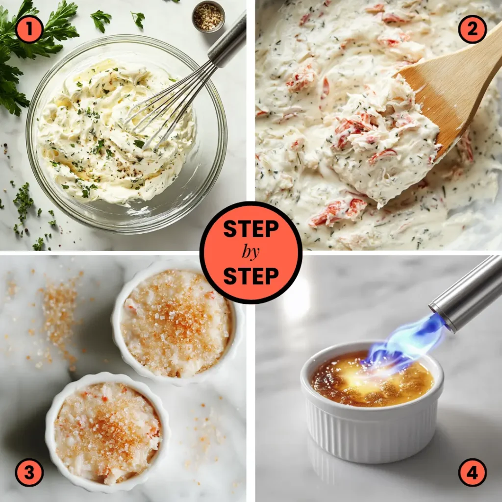 Four-step photo grid showing crab brulee preparation process from mixing ingredients to torching the sugar top