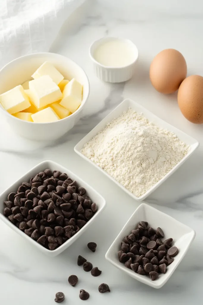 Flat lay of ingredients for chocolate chip cookies, including flour, butter, sugars, eggs, vanilla extract, and chocolate chips, all measured in grams.