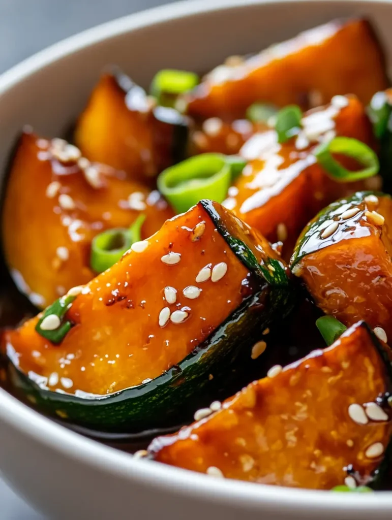 Detailed view of tender kabocha squash piece showing fork-tender orange flesh and sauce-glazed green skin