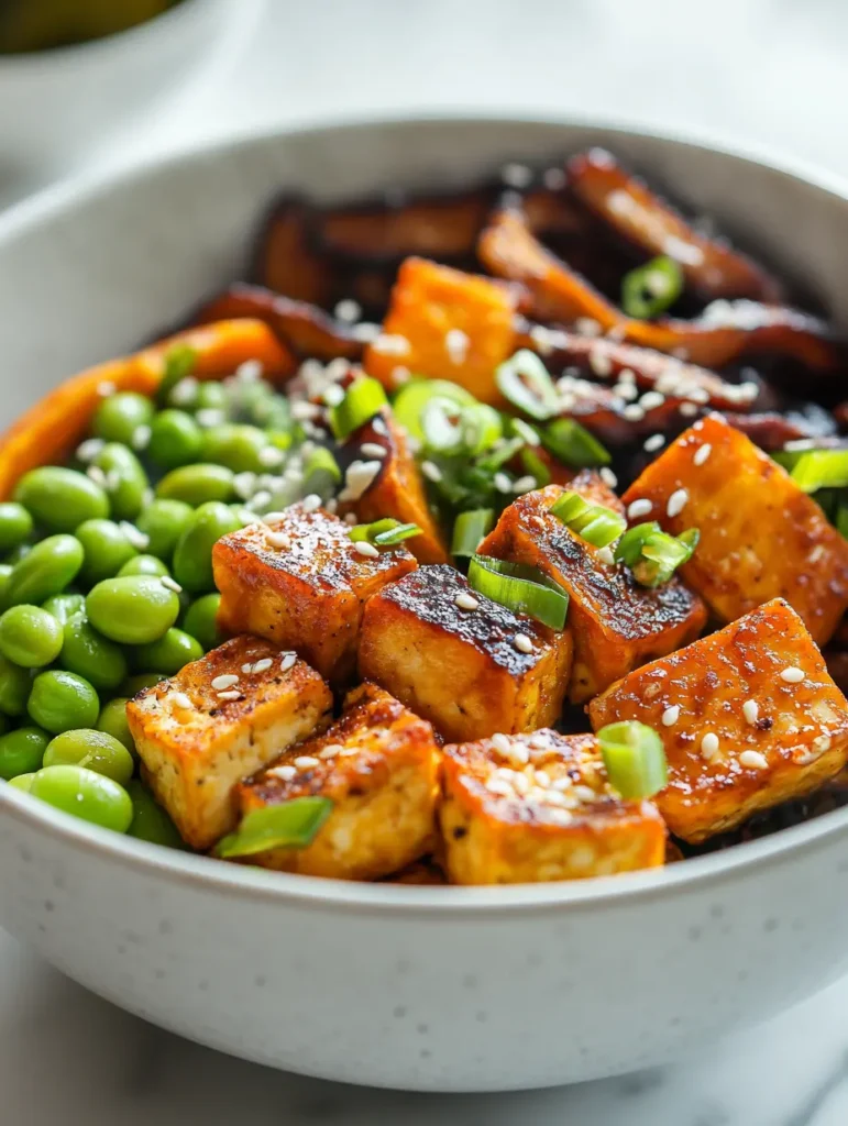 Chinese kabocha squash served with various plant-based proteins including crispy tofu, tempeh, edamame, and mushrooms