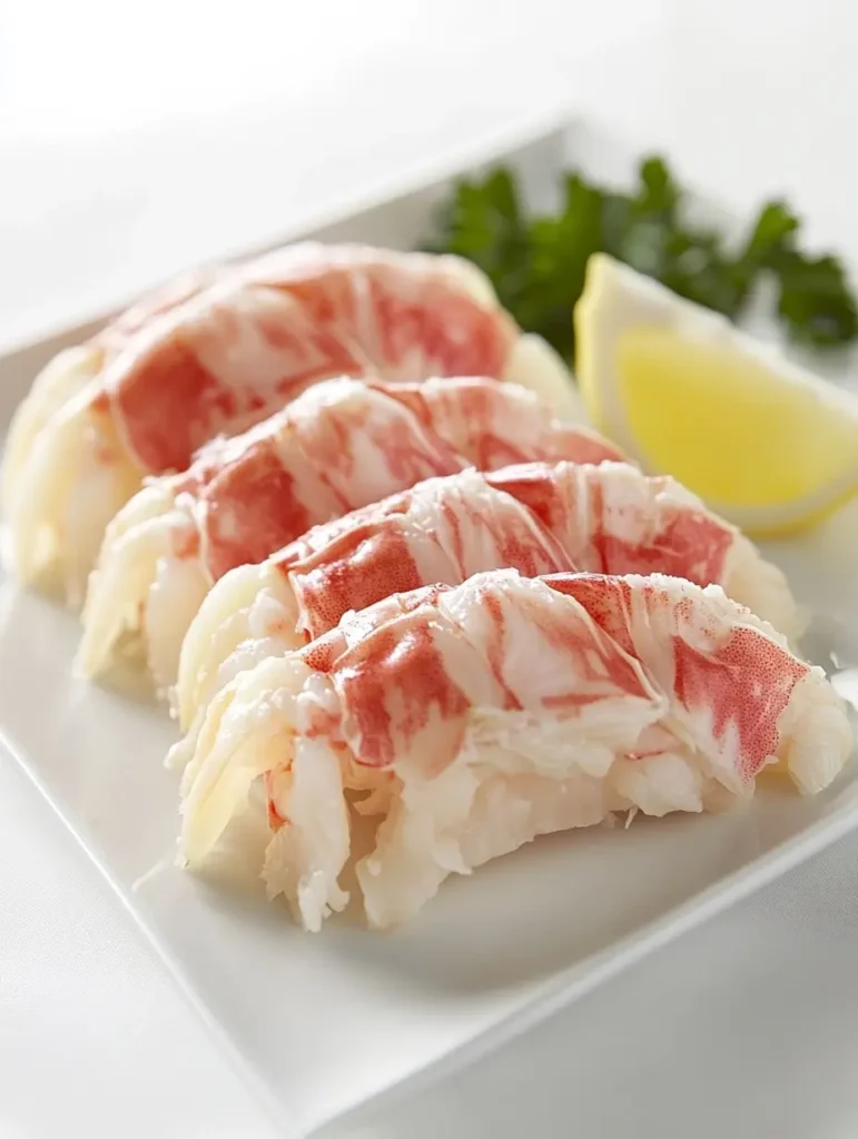 Four pieces of premium lump crab meat arranged on a white plate, showing the characteristic red and white marbling, garnished with a lemon wedge and fresh parsley