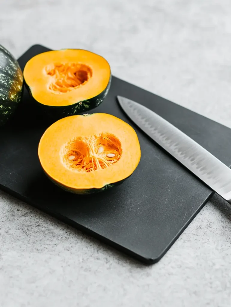 Halved kabocha squash on dark cutting board showing bright orange flesh and dark green skin with knife placement for safe cutting