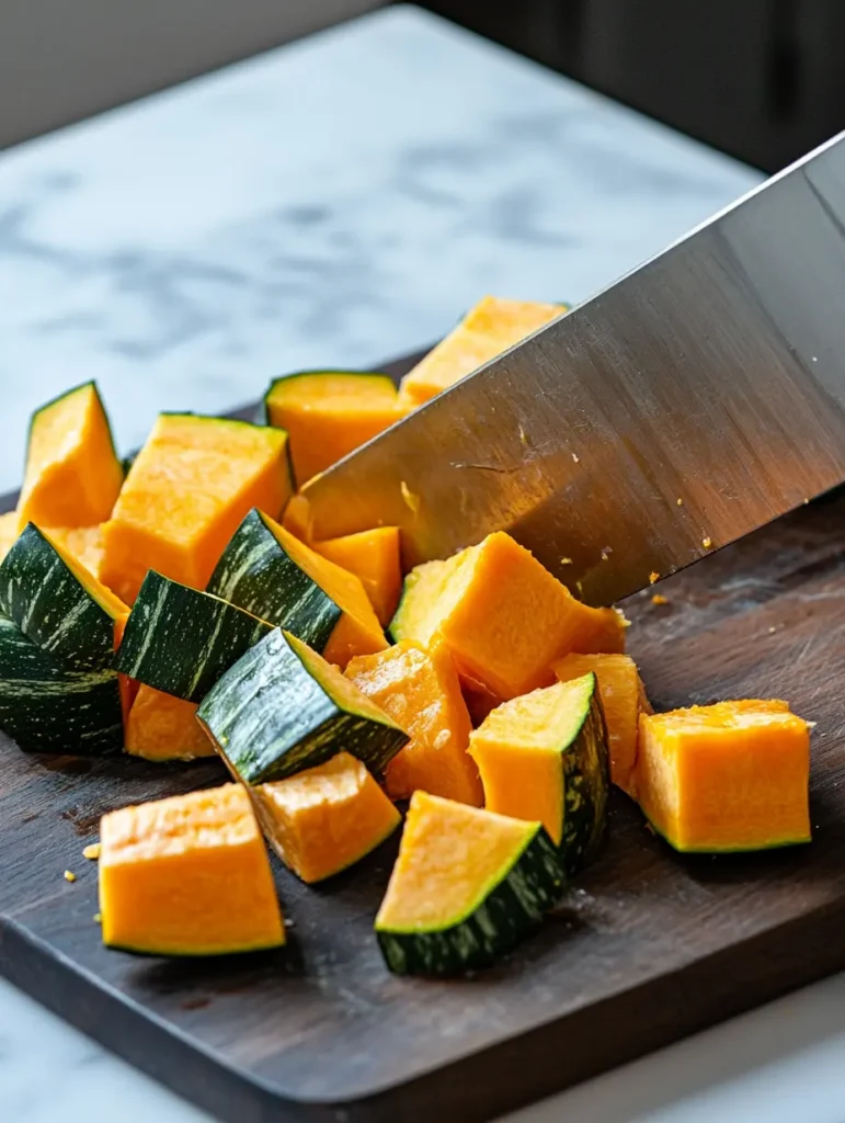 Step-by-step process of cutting kabocha squash into uniform 2-inch chunks on wooden cutting board