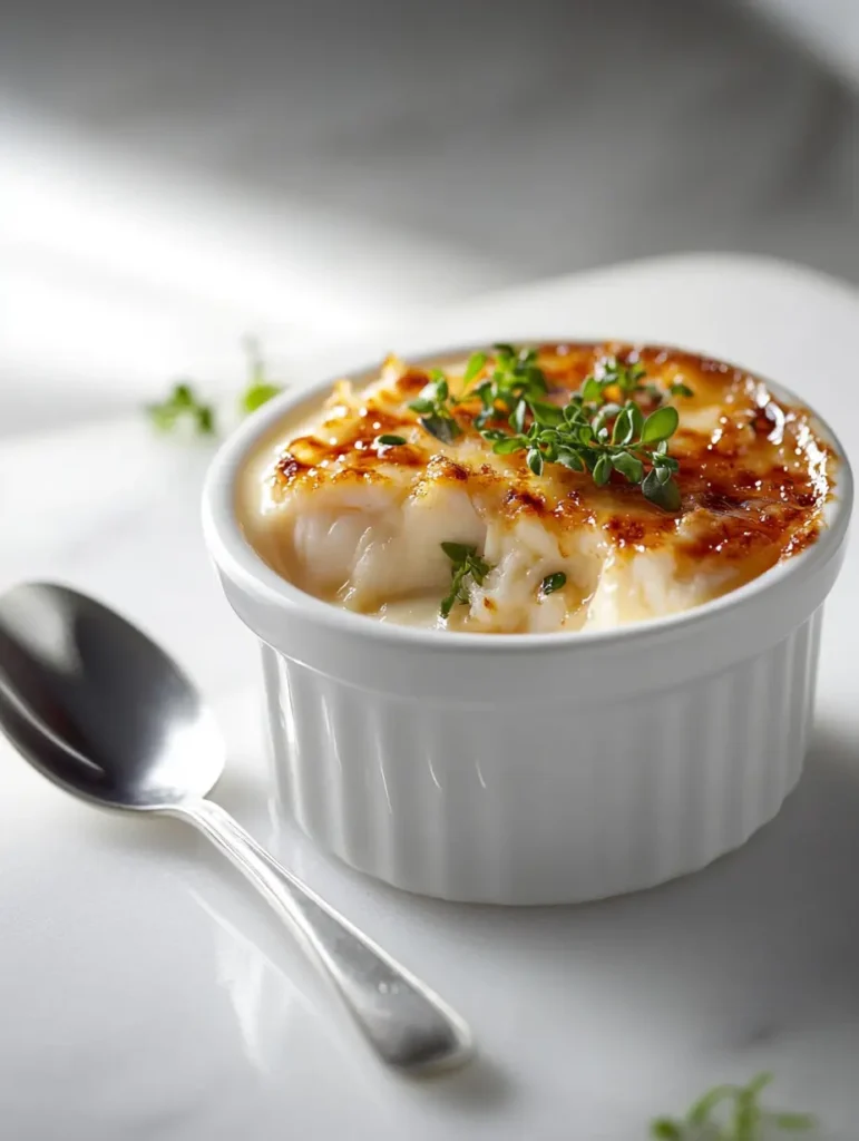 Silver spoon breaking through the caramelized sugar top of a crab brulee, revealing creamy crab filling beneath