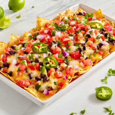 Homemade vegetarian nachos topped with melted cheese, black beans, fresh vegetables on a marble surface