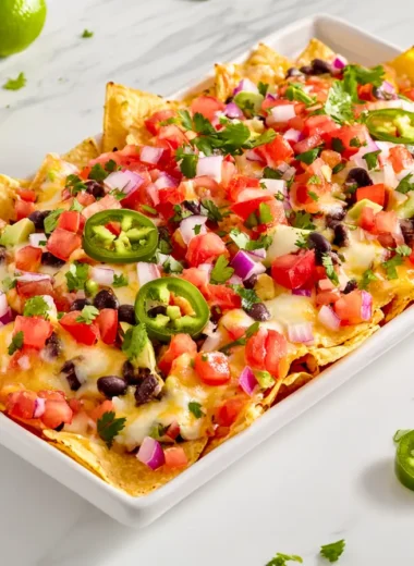 Homemade vegetarian nachos topped with melted cheese, black beans, fresh vegetables on a marble surface