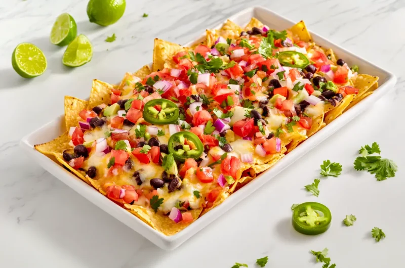 Homemade vegetarian nachos topped with melted cheese, black beans, fresh vegetables on a marble surface