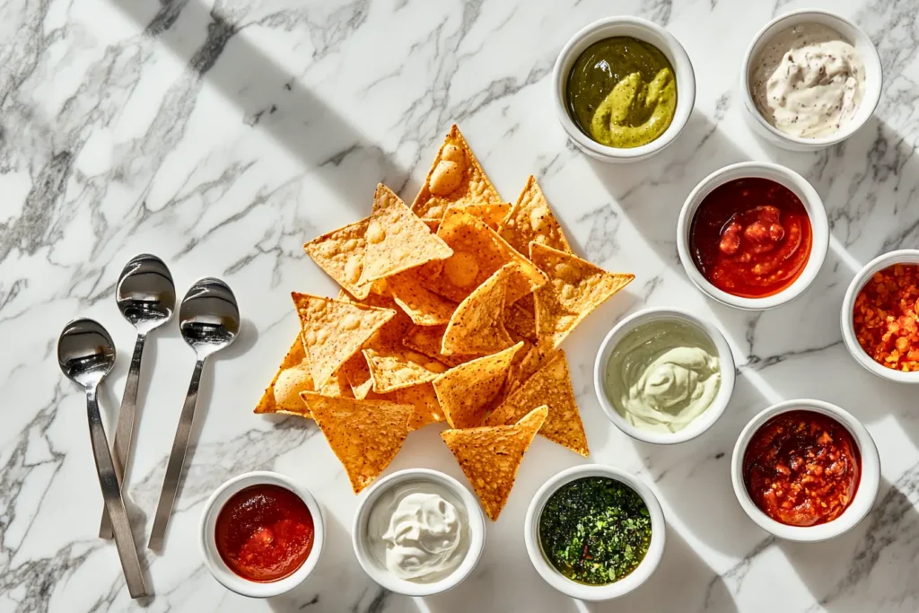 Vegetarian nachos served with variety of sauces including cashew cream, chipotle mayo, and green sauce in modern ceramic bowls