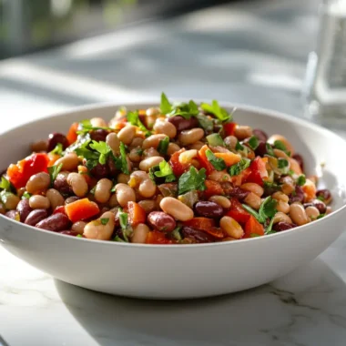 Colorful dense bean salad in a white bowl featuring chickpeas, black beans, and fresh vegetables with herbs scattered on top