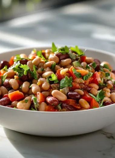 Colorful dense bean salad in a white bowl featuring chickpeas, black beans, and fresh vegetables with herbs scattered on top