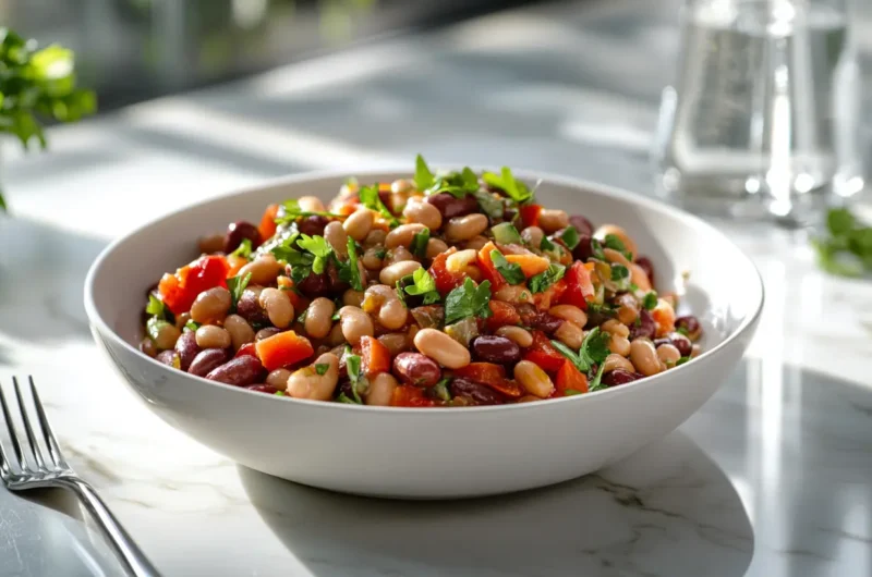 Colorful dense bean salad in a white bowl featuring chickpeas, black beans, and fresh vegetables with herbs scattered on top