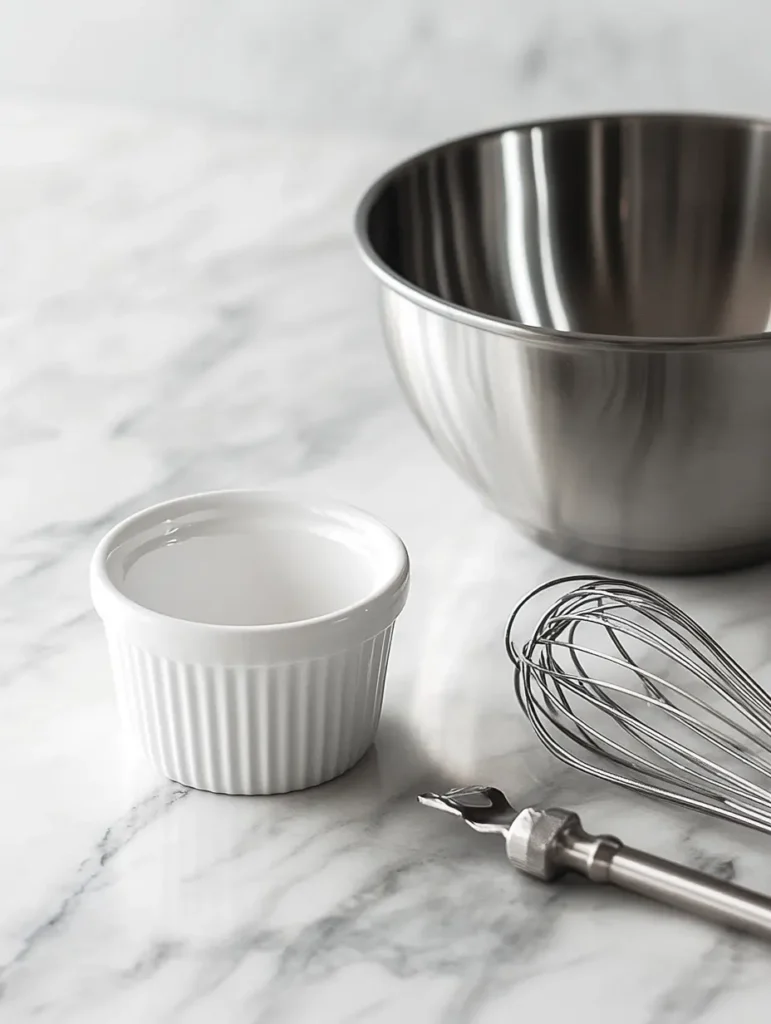 Professional kitchen setup showing ramekin, kitchen torch, mixing bowl, whisk, and strainer arranged on white marble