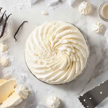 Smooth cream cheese filling swirled on a bench scraper with piping bag, cream cheese block, and vanilla ingredients on white marble surface