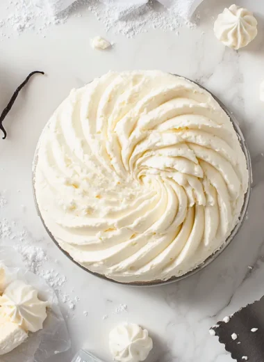 Smooth cream cheese filling swirled on a bench scraper with piping bag, cream cheese block, and vanilla ingredients on white marble surface