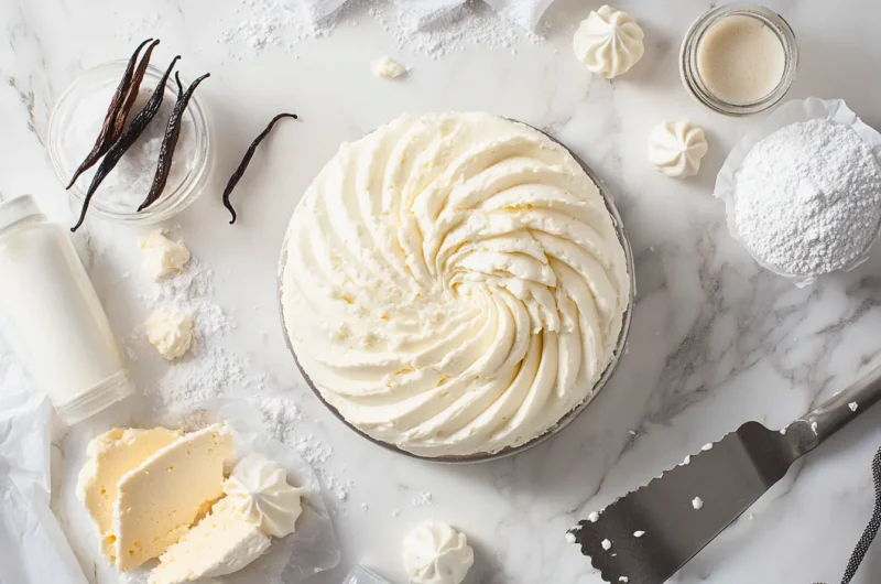 Smooth cream cheese filling swirled on a bench scraper with piping bag, cream cheese block, and vanilla ingredients on white marble surface