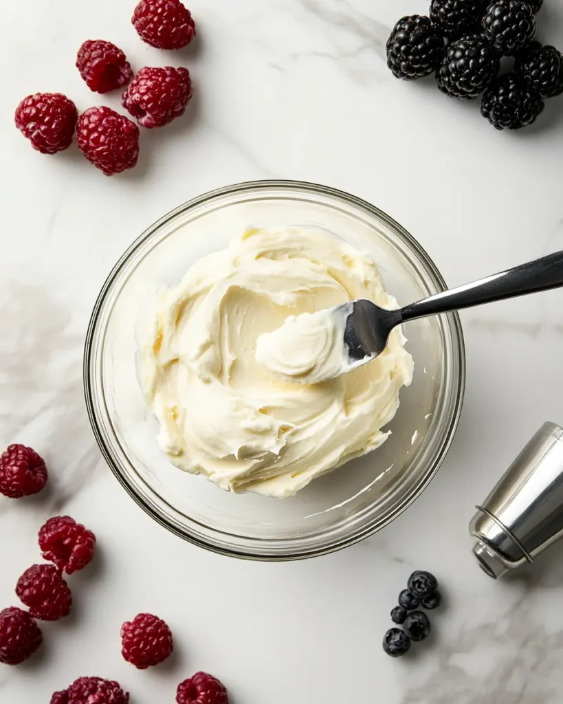 Glass bowl of cream cheese filling with offset spatula, piping bag, and scattered berries on marble surface