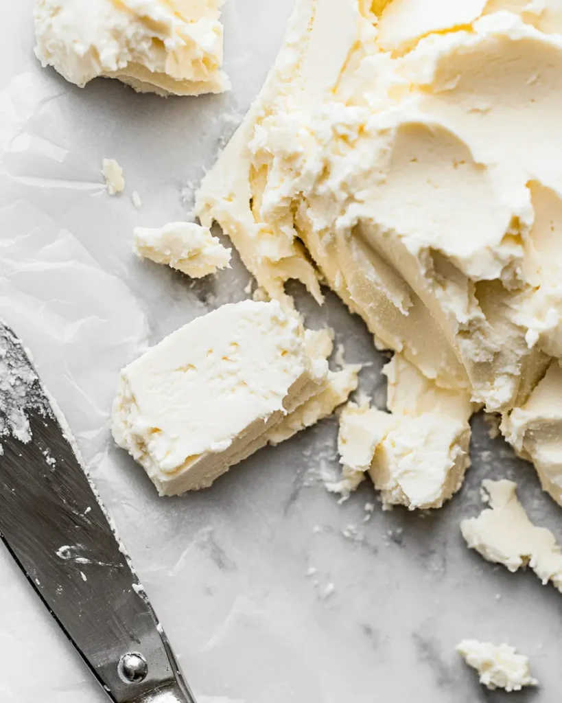 Unwrapped cream cheese blocks at room temperature with a silver butter knife on marble surface