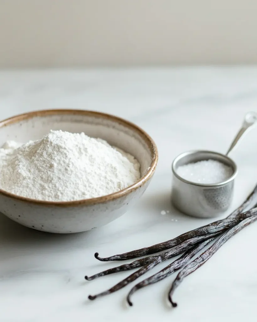 Baking ingredients including powdered sugar, vanilla beans, salt cellar, and measuring spoons on marble surface