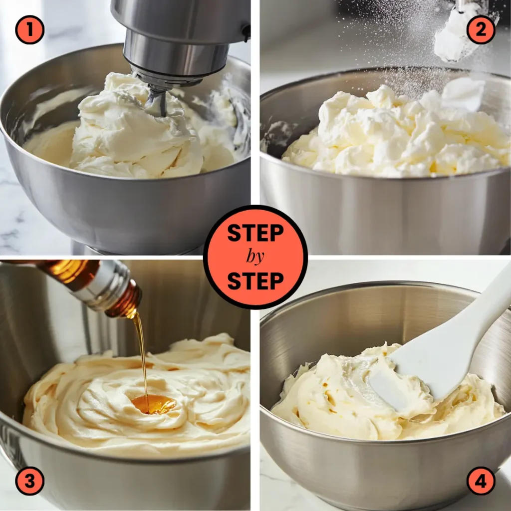 Four step process showing how to make cream cheese filling: beating cream cheese until fluffy, adding powdered sugar, incorporating vanilla extract, and final scraping of bowl with spatula